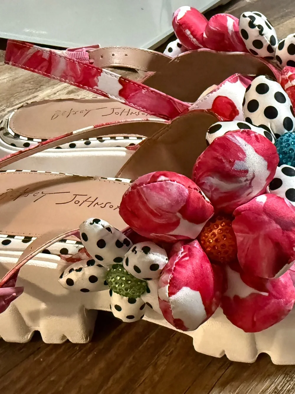 Betsey Johnson Pink Floral & Polka Dot Flower Slingback Sandals